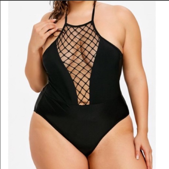 lflor010 Other - Plus Size Lattice See Through Cutwork One Piece